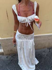 Women's 2 Piece Summer Boho Outfit Lace Trim Ruched Tie Front Crop Top + Lace Trim Flowy Long Maxi Skirts Set Cap Sleeve Vest Bra + Low Waist Skirt Set Summer Beachwear Cover Ups - 白色 - 查看 1
