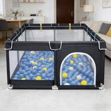 Playground Fence 127*127*68cm/150*180*68cm, Foldable Plastic Activity Center, Comes With 50 Coloured Balls, Breathable Mesh Fabric (Black/Dark Grey). - Black - View 6