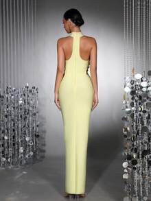 新款时尚3D立体花卉性感立领无袖镂空露背高开衩长裙，优雅女士正式晚礼服、婚礼宾客礼服、节日派对礼服 - 黃色 - 查看 9