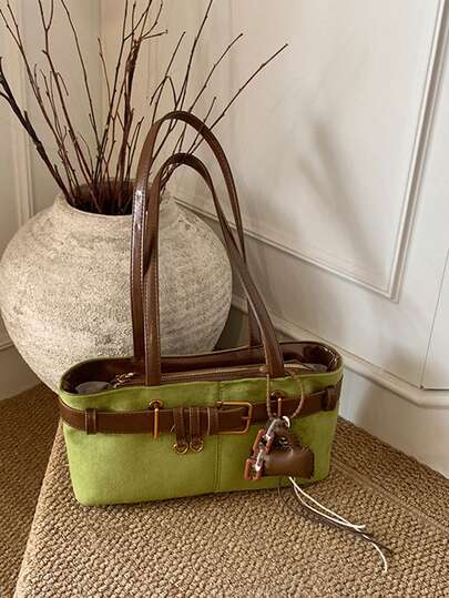 1 pieza Bolso de hombro de ante de unicolor, bolso de hombro cuadrado de moda retro para mujeres, con asas dobles superiores, cierre con cremallera, adecuado para viajes, compras, citas, regalo para mujeres, excelente para ir al trabajo, actividades al aire libre, viajes, senderismo