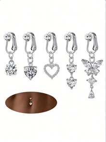 5Pcs Dazzling & Fashionable Style Stainless Steel AAA+ Shiny Cubic Zirconia (Heart/Butterfly/Snake) Detail No-Piercing Dangle Belly Rings For Women Daily Wear & Summer Beach Party - Multicolor - View 1