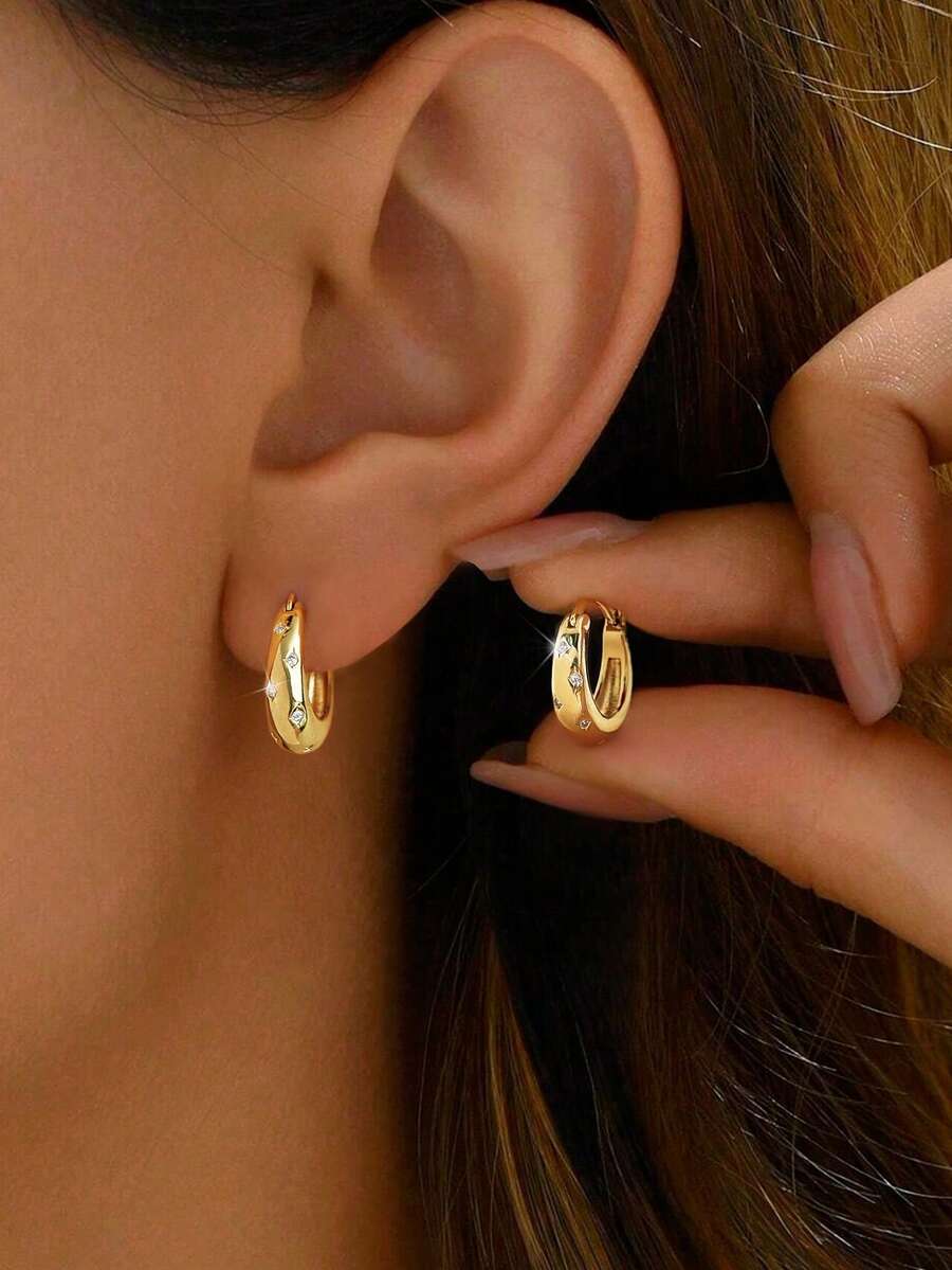 1 Pair Minimalist Round Zirconia Earrings, 925 Sterling Silver Material, Delicate Jewelry For Women's Daily Wear - Four-pointed Star Earrings - View 1