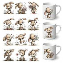 12张趣味复活节兔子主题UV转印贴纸 - 适用于DIY工艺品、马克杯、笔记本电脑和水瓶，自粘塑料贴纸，DIY马克杯装饰，笔记本电脑贴纸，节日装饰，喜庆设计，高品质印刷，耐用贴纸 - 彩色 - 查看 5