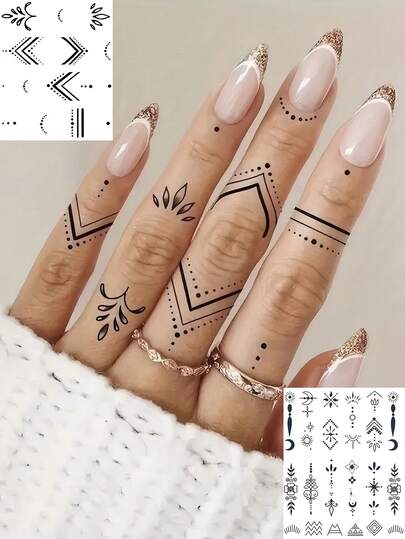 1 Sheet Y2K Black Moon Hannah Pendant Temporary Tattoos For Women Men Adults Hands Finger Foot Neck Clavicle Waist Legs Thigh Shoulder Ankles Forearm Shank Half Sleeve Arm Makeup, Semi-Permanent Temp Tattoo Waterproof Long Lasting Realistic Tatoos