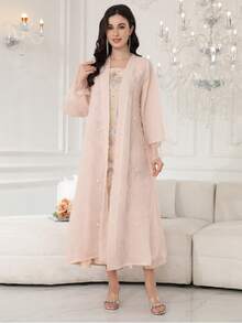 2026 New Style Elegant Embroidered Beaded Arabic Women's Dress, Jalabia Dress With Square Neck, Long Sleeve, Pink Outerwear, Fashion Fresh Ladylike - Pink - View 5