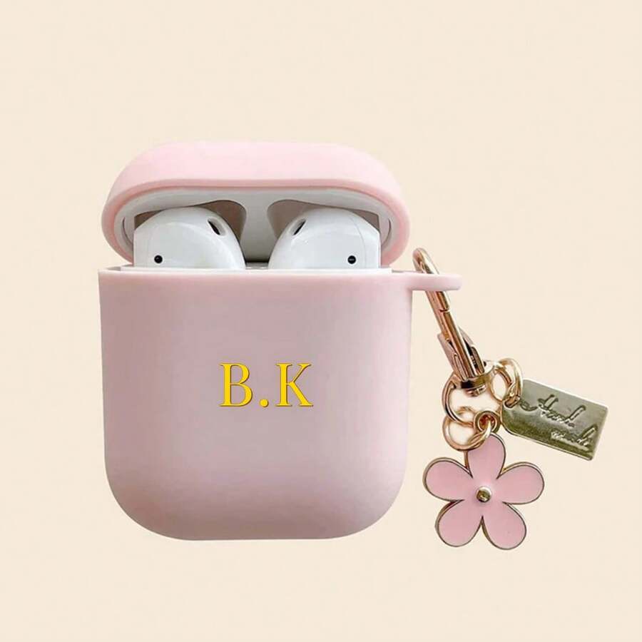 客製化字母姓名耳機保護殼(2件組,含小花鍊條)適用於 Air Case Pods Pro 2/3 保護殼,適用於 Air Case Pods 4代,學生返校季、情人節禮物、生日禮物、節日禮物,男士女士通用個性化禮物 - 粉色 - 查看 1