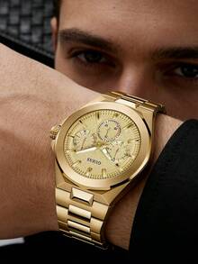 Guess Reloj de cuarzo para hombres, cronógrafo de acero inoxidable, caja de acero inoxidable casual de negocios/cristal resistente a los arañazos, regalo para hombres GW0798G2 - Dorado - Ver 2