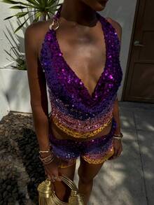 Women's Beach Sequin Halter Top Summer Sleeveless Contrast Tie Back Crop Vest Top Y2k Sparkly Glitter Cowl Neck Backless Cami Tank Top Club Party Vacation Streetwear - Nhiều màu - Xem 8