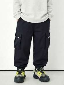 1pc Boys' Black Casual Loose Sweatpants With Side Pockets, Cargo Pants, 4-7 Years Old, Spring/Summer