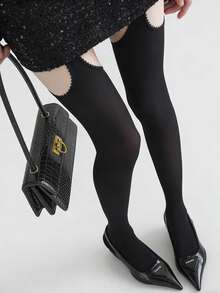 1 Pair Millennium Hollow Out Suspender Socks, Women's Thin Velvet Black Thigh High Socks Sexy For Spring/Summer, Valentine's Day Open Crotch Pantyhose, Lolita Sweet Velvet Knee High Socks - Multicolor - View 8