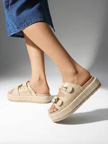Women's Raffia Espadrilles 1.85-Inch Platform Sandals Comfortable Wedge Sandals Adjustable Buckle Cute Slide Beach Vacation Summer Shoes - Beige - View 3