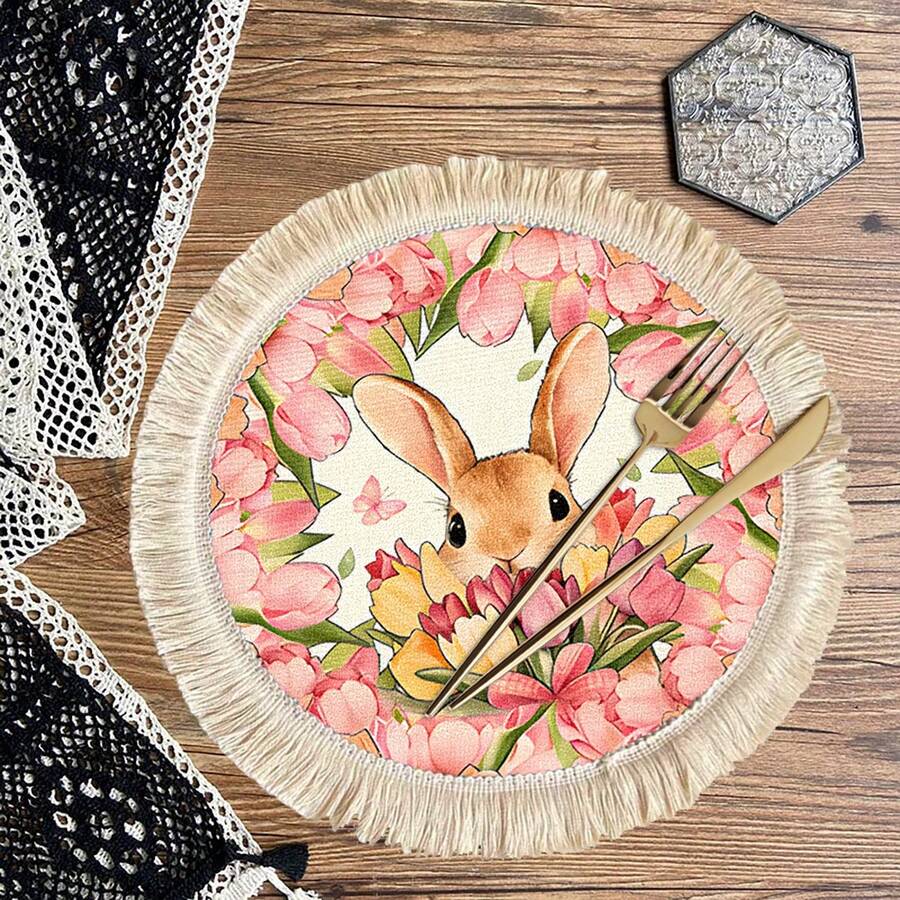 1/4/6pcs Easter Collection, A Light Brown Rabbit Peeking Out From A Cluster Of Tulips, The Outer Circle Surrounded By A Ring Of Blooming Pink Tulips Dotted With A Small Pink Butterfly, Linen Printed Tassel Placemat/Coaster - Multicolor - View 1