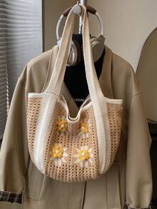 Dedoo Bohemian Style Women's Handbag, Large Capacity Open-Top Tote, Beach Bag, Travel Accessory, Woven Texture, Suitable For Work, School, Beach, Crochet, Holiday (Flower Color/Position Random) (Strap Color/Pattern Random) - Apricot - View 6