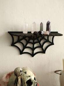 1pc Black Wooden Spider Web Pattern Floating Wall Hanging Rack, Gothic Boho Witch Style Decor Storage Display Shelf, Multi-Functional Wall Mount Suitable For Crystals, Candles, Small Decor And Halloween Decoration, Bedroom Living Room Witch Style Home Decor And Halloween Party Decoration - 彩色 - 查看 7