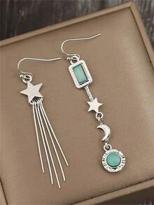 一对优雅时尚的星月不对称流苏耳环，适合女性日常、派对、旅行佩戴，也是一份精美的珠宝礼物。 - 銀色 - 查看 4