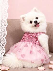LUCKIE LABO 1pc Bling Bling Sequin Heart & Rose Floral Pattern Pet Dress, Comfortable & Breathable, Suitable For Small Dogs & Cats, Wedding, Valentine's Day, Birthday Party - Pink - View 7