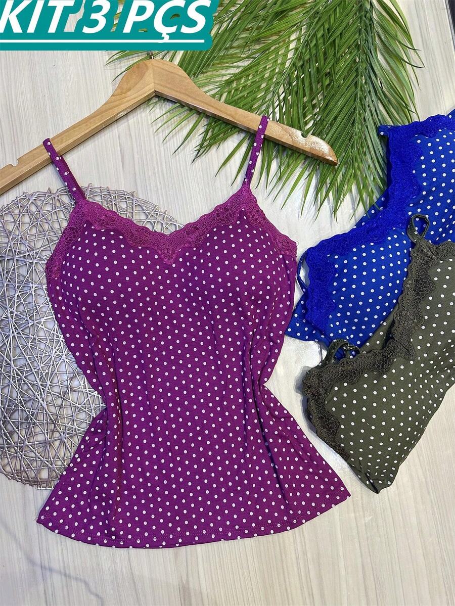 Set Of 3 Polka Dot Tank Tops With Built-In Bra Cups, Made Of Pretty Viscose/Lycra Fabric. - Purple + Sky Blue + Army Green - View 1