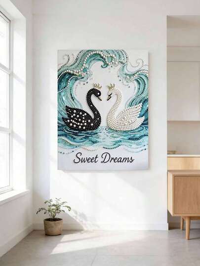 新款珍珠画黑白天鹅无框DIY手工粘贴钻石创意钻石画套装，适合卧室装饰、客厅挂画、房间装饰、艺术品、生日礼物、圣诞节、新年、情人节、充满创意的节日礼物。