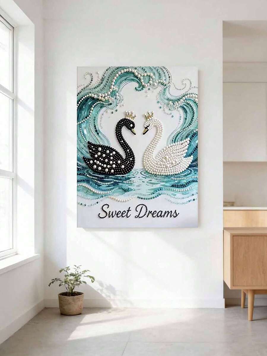 新款珍珠画黑白天鹅无框DIY手工粘贴钻石创意钻石画套装，适合卧室装饰、客厅挂画、房间装饰、艺术品、生日礼物、圣诞节、新年、情人节、充满创意的节日礼物。 - 彩色 - 查看 1