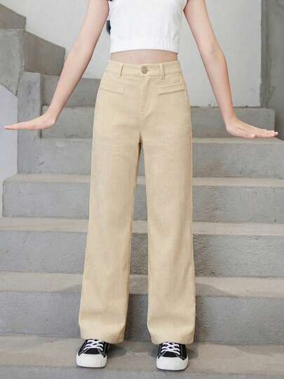 1pc Solid Color Polyester Button Pocket Zipper Pants, Suitable For Spring, Autumn, Winter Daily Wear (YY1133)
