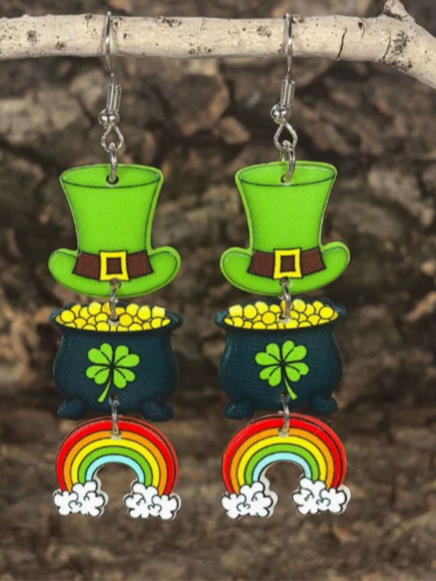 1 Pair St. Patrick's Day Green Clover Acrylic Long Pendant Earrings - Green - View 1