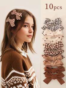 10件套花朵蝴蝶结发夹，红色波点蝴蝶结，米色，棕色，黑色格子蝴蝶结发饰，适合日常或返校佩戴 - 彩色 - 查看 17