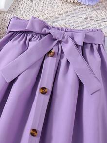 Young Girl Butterfly Print Short Sleeve Top And Belted Skirt Set - White - View 6