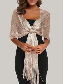 1pc Shiny Silver Thread Flat Shawl With Clasp, Suitable For Brides, Formal Dances, Graduation Ceremonies, Formal Dress Accessory - Champagne - View 2