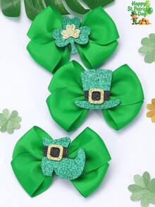 3件套圣帕特里克节绿色布艺发饰蝴蝶结，闪亮四叶草发夹，时尚酢浆草发饰，适合女孩、青少年、朋友日常派对礼物套装 - 綠色 - 查看 2