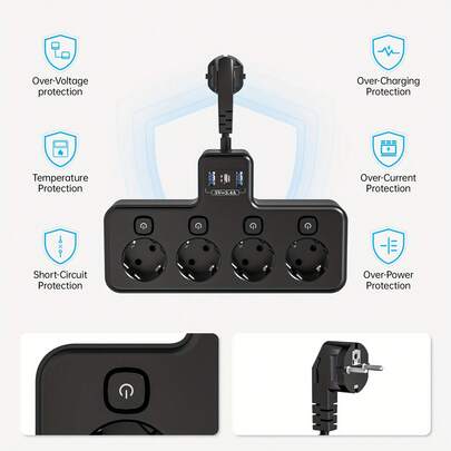 7-In-1 Multi-Functional Power Strip With 4 Independent Switches, Featuring 4 Power Sockets, 2 USB-A Ports And A USB-C Port Supporting PD 20W Fast Charging. Ideal For Home, Travel And Office Use. Black.