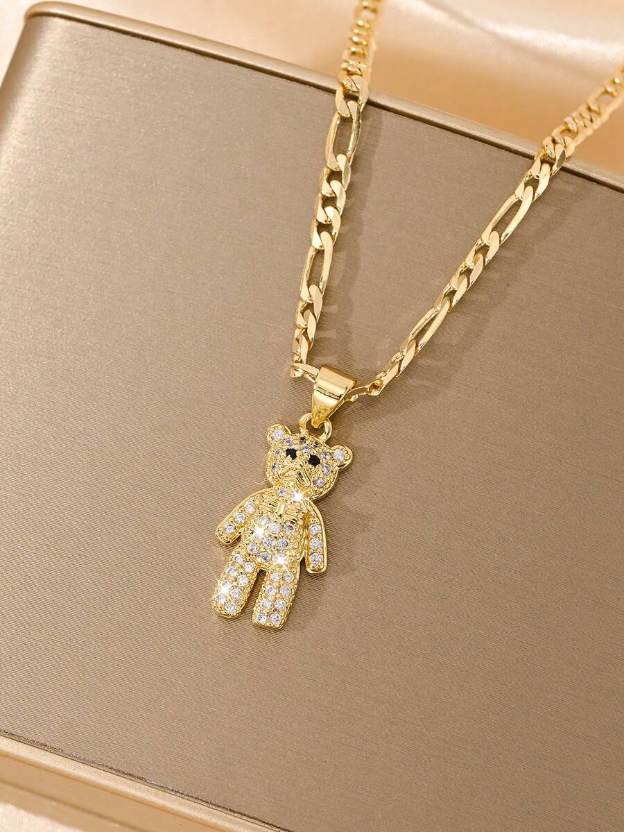 1pc Copper Inlaid Zirconia Cute Playful Swinging Limbs Bear Pendant Necklace, Suitable For Girls/Boys/Family/Friends, Multifunctional, Luxury, Party, Banquet, Holiday, Christmas, Thanksgiving, Halloween, Gift - Yellow Gold - View 1