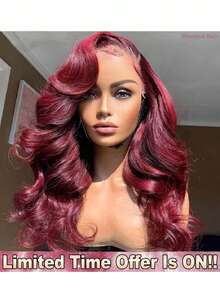 34英寸 200% 密度 13x4 波浪卷发蕾丝前假发，带婴儿发 - 即戴即走，无需胶水，无需技巧 - 勃艮第红 #99J - 预剪预拉预烫真发巴西原生蕾丝闭合假发，无需胶水 - 混合式前额真人发假发，无需胶水编织假发，适合女性日常佩戴，易于佩戴的混合发 - SBUG/99J - 查看 2