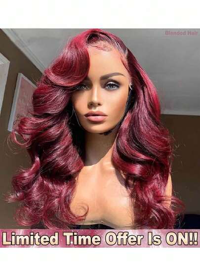 34英寸 200% 密度 13x4 波浪卷发蕾丝前假发，带婴儿发 - 即戴即走，无需胶水，无需技巧 - 勃艮第红 #99J - 预剪预拉预烫真发巴西原生蕾丝闭合假发，无需胶水 - 混合式前额真人发假发，无需胶水编织假发，适合女性日常佩戴，易于佩戴的混合发