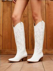 White Cowgirl Outfits For Women Boots Pointed Toe Knee High Cowboy Boots Women Pull On Zipper Chunky Heel Summer Boots Country Concert Combat Boots For Women - White - View 5