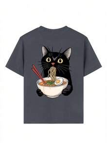 少女可爱猫咪印花圆领T恤，夏季上衣 - 深灰色 - 查看 7