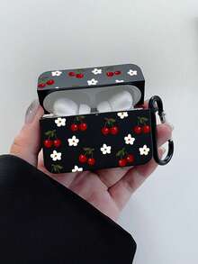 Vintage Red Cherry & White Floral Pattern Black Square Matte Apple Bluetooth Earphone Protective Case, Comes With 1 Black Carabiner For Easy Carrying, Precise Cutouts For Charging And Access, Suitable For Commuting, Campus And As A Small Gift For Girlfriend/Best Friend - Black - View 6