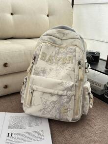 1 chiếc balo nhuộm tie-dye họa tiết graffiti và chữ cái, khóa kéo, kiểu dáng thời trang, phù hợp cho học sinh, đi làm, hoạt động ngoài trời, mọi mùa. - trắng - Xem 9