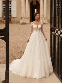 Enchanting Sheer Neck Lace Long Sleeve 3D Lace Appliqué Tulle A-Line Wedding Dress With Train, Wedding Dresses For Bride, Elegant And Comfortable, Includes Plus Sizes, Bridal Gown, Formal Dresses For Women, Suitable For Wedding, Party, Vacation, Bride, Formal Occasions, Dinner Dress, Prom Dress, After-Party Dress, Homecoming Dress, Cocktail Party, Birthday Party, Celebration, Gala, Festival, Ceremony - trắng - Xem 1