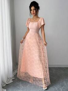 Women's Square Neck Raglan Sleeve Elegant Arabic Style Dress - Pink - View 4