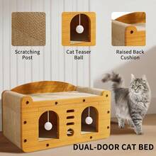 Multi-Function 2-In-1 Cat Scratcher & Cozy Bed - Wooden Cat House With Interactive Play Caves, Durable Scratching Surfaces, Hanging Pom-Pom Toys, And Hideaway Napping Spot For Indoor Cats - MD-DOOR1 - 查看 3