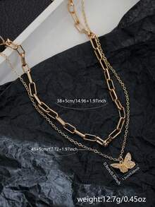 Nooxian 2pcs Fashionable Minimalist Multi-Layer Clavicle Necklace, Butterfly Copper Micro-Inlaid Zirconia Necklace For Women (Random Chain Clasp & Bead Count) - Yellow Gold - View 6