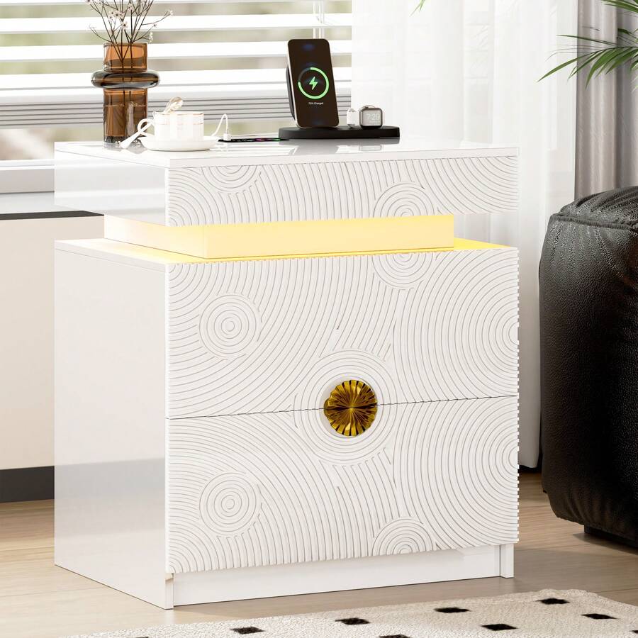 Night Stand Set Of 2 - With Lockable Gun Drawer, LED Nightstand With Charging Sation,Smart Bedside Table With 24 Color Lights,Glass Top End Table With 3 Drawers,Bedroom,White - Xem 1