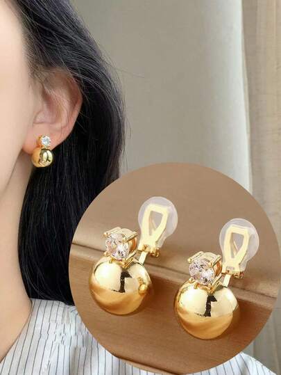 1对时尚光滑半圆形立方氧化锆铜夹式耳环，女士高端优雅显瘦耳环，适合日常佩戴，节日礼物