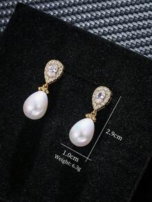 1 Pair Elegant Copper Zirconia Pearl Teardrop Earrings, High-End Jewelry Earrings For Women - Yellow Gold - View 2