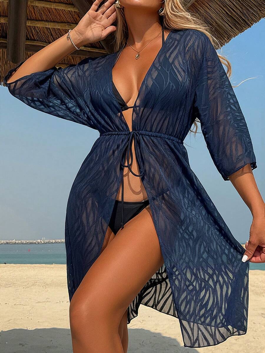 Áo khoác đi biển dài tay màu trơn dệt jacquard dành cho nữ, có dây rút eo, chống nắng cho kỳ nghỉ hè. - Xanh đậm - Xem 1