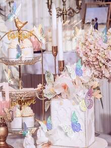 36 件 3D 银色蝴蝶装饰品，节日派对蝴蝶装饰，4 种款式 3 种尺寸，可拆卸蝴蝶和花朵装饰，冬季节日生日派对花卉卧室蛋糕装饰 - 彩銀 - 查看 8