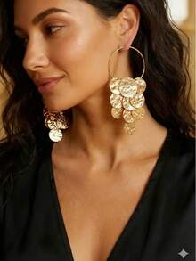 1对新款中东创意几何流苏长款简约叠戴时尚优雅圆形耳环 - 金黃色 - 查看 5