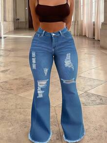Plus Size Women's Mid-Rise Flared Jeans, Sexy Ripped Elastic Raw Hem Denim Flared Pants, Casual Wear Fashion Trousers - Medium Wash - View 5