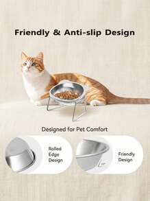 PETSIN 1pc Stainless Steel Cat Ear Shaped Elevated Pet Bowl, Universal For Cats & Dogs, Easy To Clean, Shatter-Resistant, Protects Pet Neck, Food Bowl - Silver - View 5