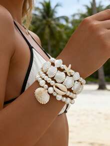 4件套时尚仿珍珠贝壳串珠手链，女士海滩度假珠宝礼品 - 白色 - 查看 1